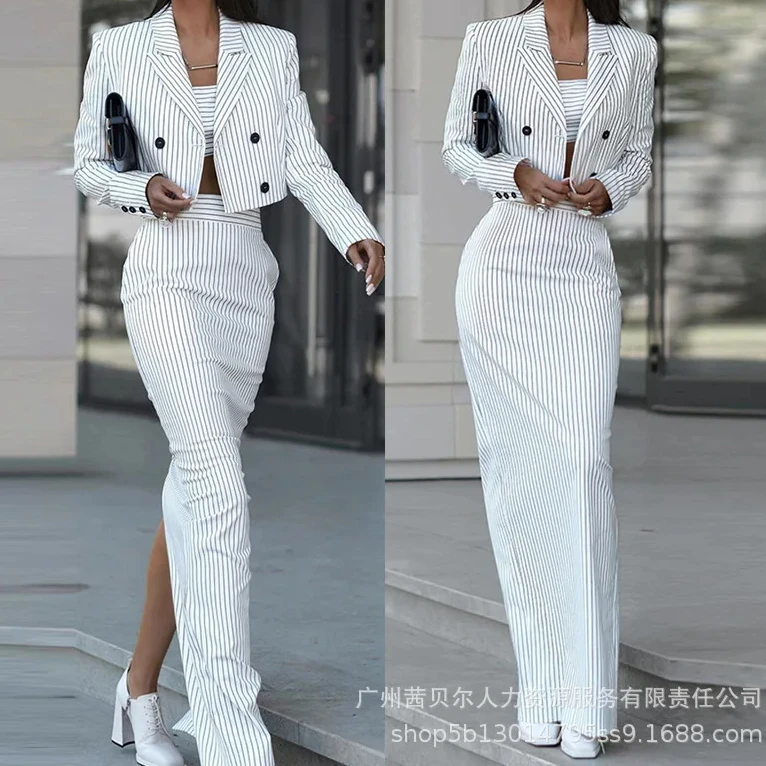 Pencil Skirt Midi - ชุดเสื้อเบลเซอร์ลายขวางและกระโปรงผ่าข้างชุดกระโปรงผู้หญิงสองชิ้นเสื้อโค้ทคอปกกระโปรงยาวตรงเอวกระโปรงผ่าข้าง