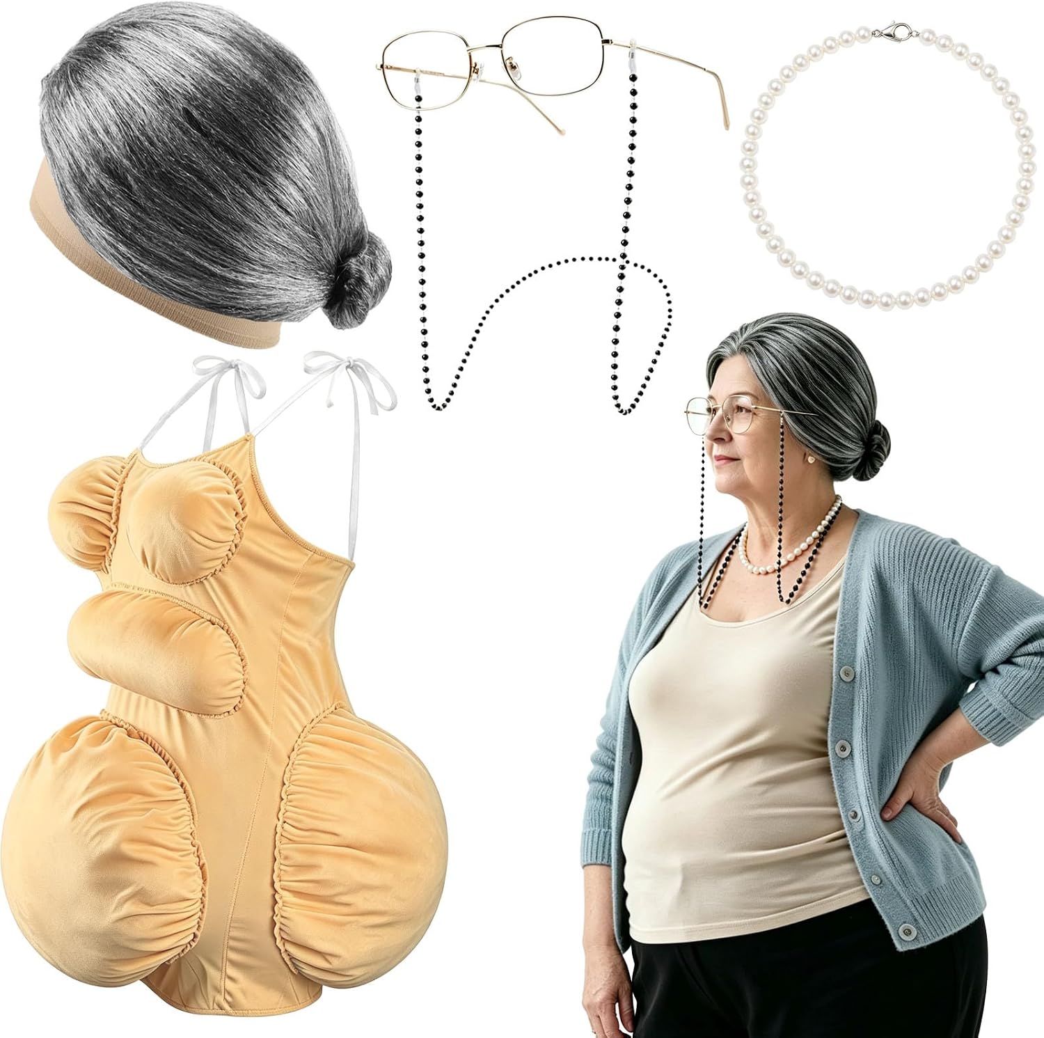Pearl Necklace Set - ชุดคอสตูมหญิงชราอ้วน ชุดหน้าท้องและหน้าอกปลอมสำหรับผู้ใหญ่ พร้อมวิกผมสีเทา สร้อยไข่มุก แว่นตา ชุดฮาโลวีนสุดฮา