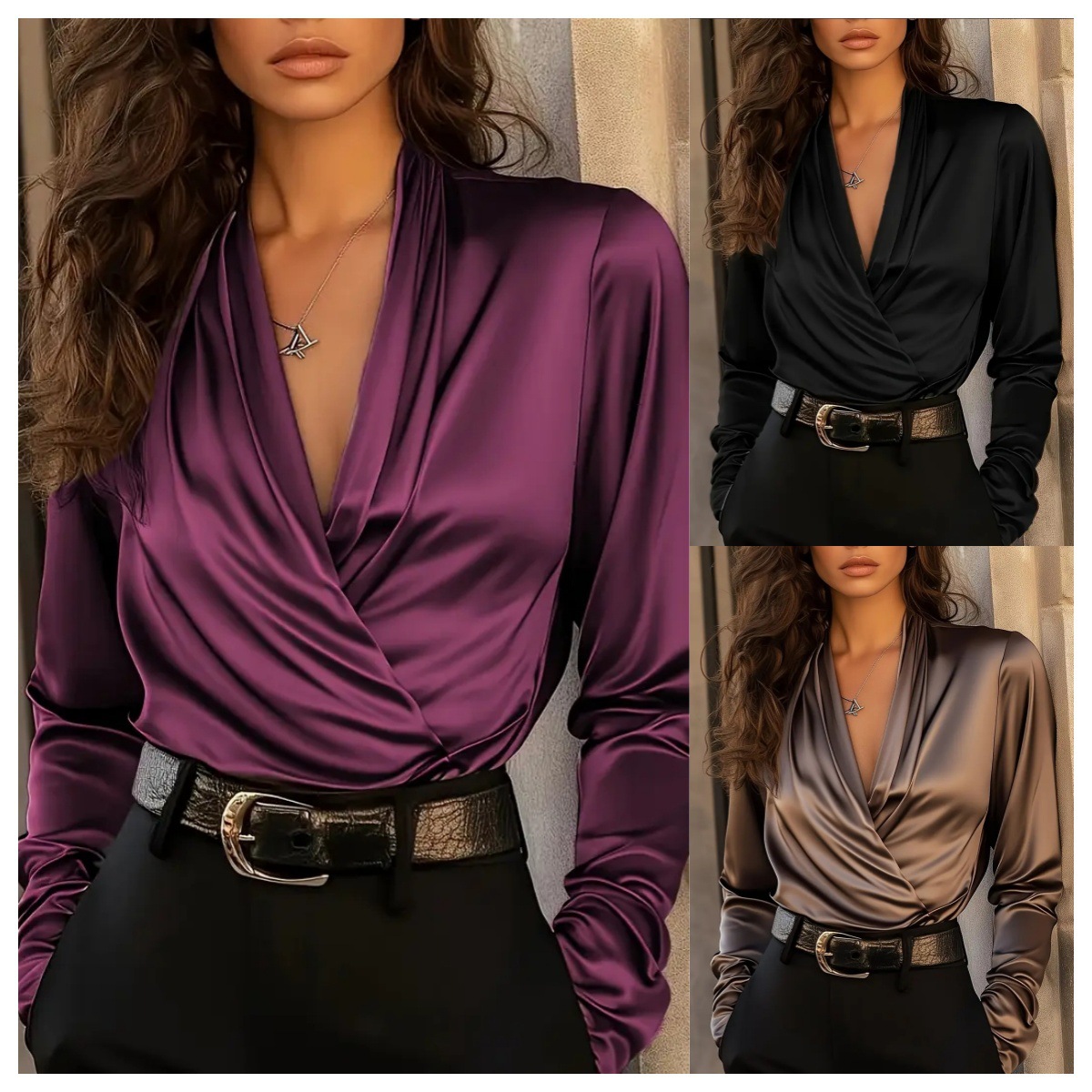 Women'S Formal Evening Wear Tops - เสื้อผู้หญิงผ้าซาติน คอวี แขนยาว สไตล์หรูหรา ผ้าเนียน สำหรับใส่ทำงานในออฟฟิศ