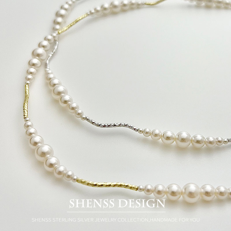 Pearl Necklace Set - สร้อยคอสั้นมุกเทียมสร้อยข้อมือทองแดงชุบทอง14K