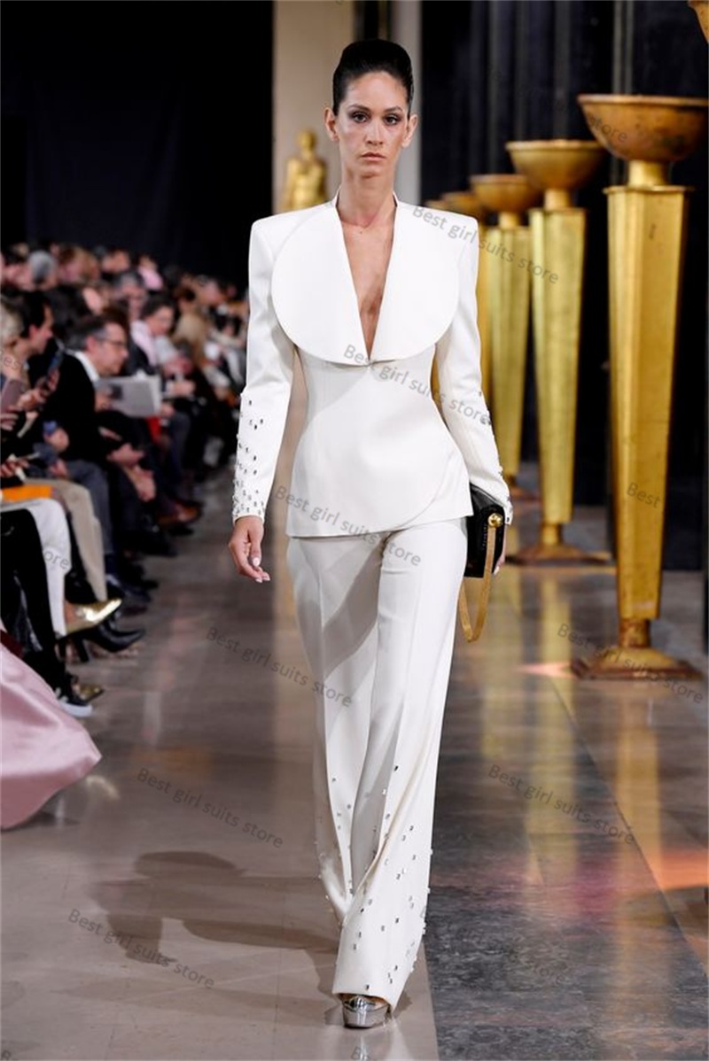 Women Formal Wear Tailor - ชุดสูท2ชิ้นสีขาวสง่างามสำหรับผู้หญิง, ชุดสูท + กางเกงคริสตัลชุดทักซิโด้สำหรับงานแต่งงานทางการคอวีเซ็กซี่เดรสงานพรอม