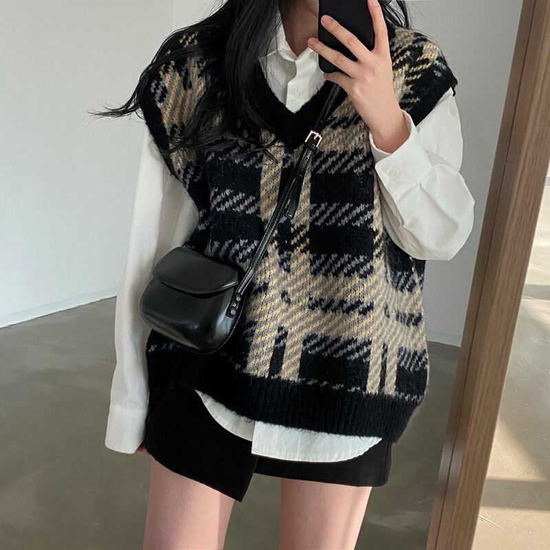 Women Formal Wear Korean - เสื้อสเวตเตอร์ลายสก็อตสำหรับผู้หญิง ปี 2025 สวมใส่ทำงาน สไตล์ลำลอง Y2k