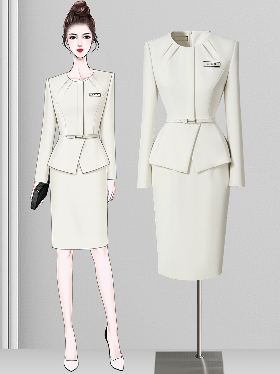 Wrap Dress Work - ชุดทำงานสำหรับผู้หญิงอาชีพมืออาชีพ กระโปรงทรงเอวสูงแบบพันรอบ ชุดยูนิฟอร์มสำหรับพนักงานร้านเครื่องประดับ แพทย์ นักบำบัดความงาม แขนยาว