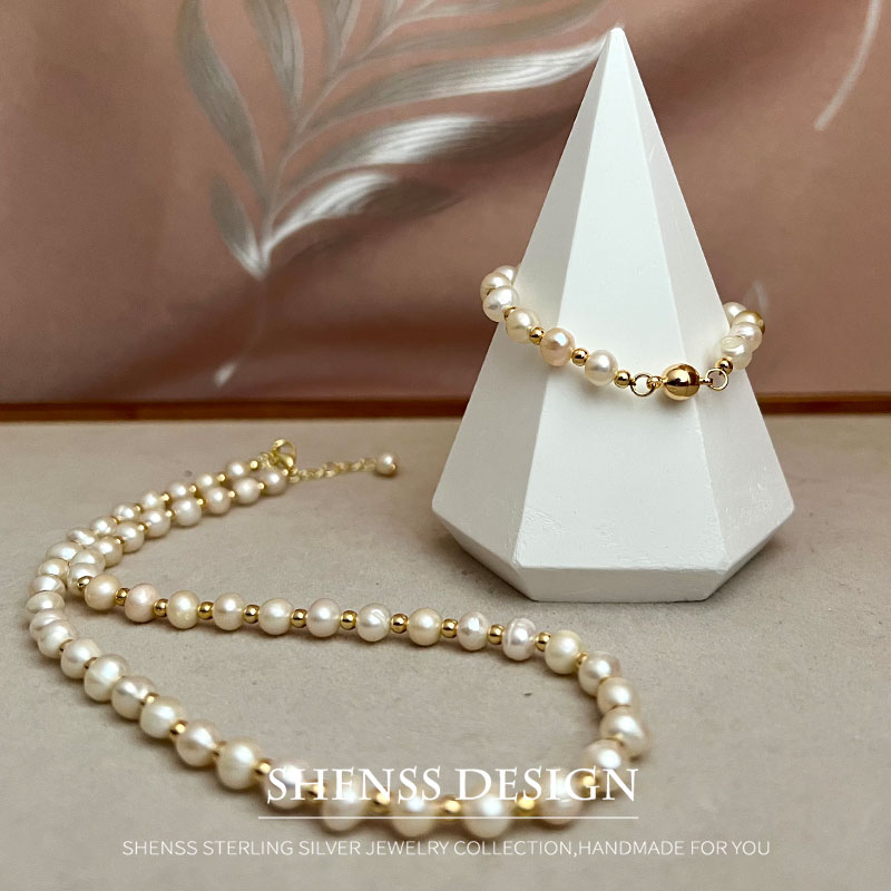 Pearl Necklace Set - สร้อยข้อมือไข่มุกน้ำจืดธรรมชาติ5-6มม. สำหรับผู้หญิงสร้อยข้อมือทองแดงชุบทอง14K