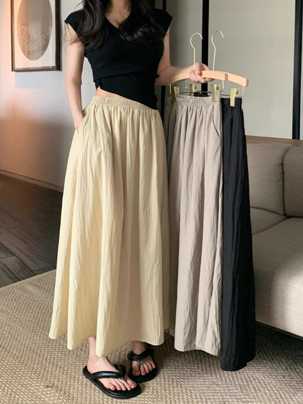 Pencil Skirt Midi - กระโปรงยาวทรงเอเอวสูงผ้าไอซ์ซิลค์พลีทจีบระดับกลาง ขนาดพิเศษใหญ่พิเศษ สำหรับฤดูร้อน ช่วยปกปิดสะโพกและทำให้ดูเพรียวบาง เหมาะสำหรับผู้หญิงไซส์ใหญ่