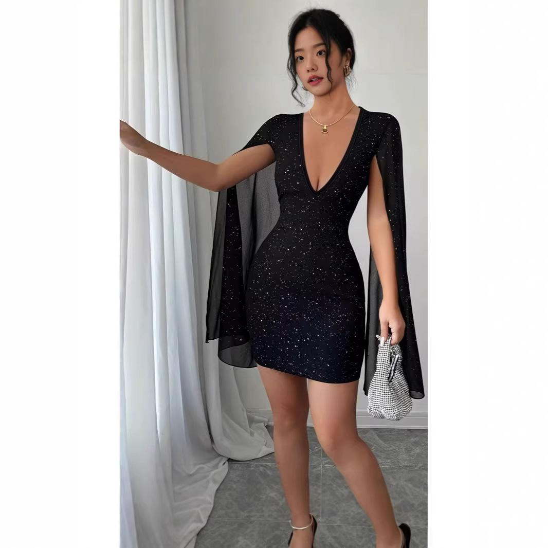 Women Formal Wear Dress - เดรสทรงเข้ารูปคอวี ความยาวปานกลาง สง่างาม เหมาะสำหรับใส่ทำงาน ใส่ไปงานเลี้ยง งานค็อกเทล