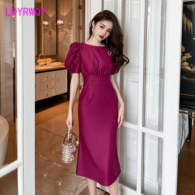 Wrap Dress Work - เดรสสีม่วงขุนนางห่อเอวบางเข้ารูปแขนพองสำหรับผู้หญิงใหม่ฤดูร้อน2023