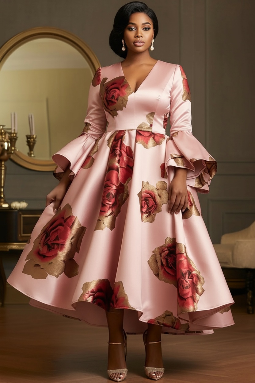 Women Formal Wear Dress - ชุดราตรีผ้าซาตินทรงเอไลน์ แขนบาน คอวี ไซส์พลัส ดีไซน์หรูหรา สำหรับงานแต่งงาน