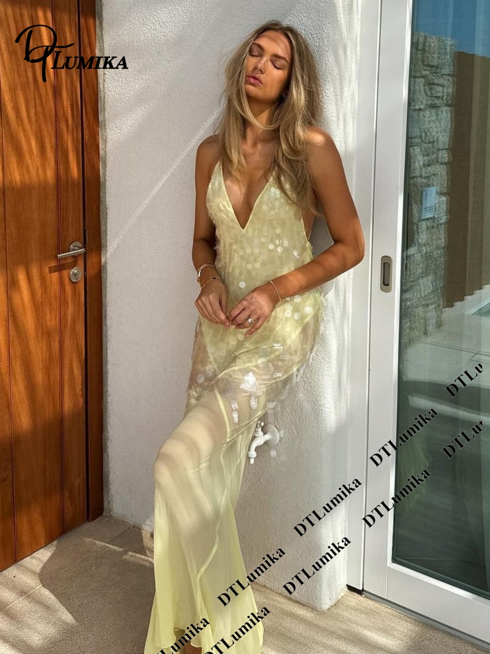 Women Formal Wear Dress - ดีทีลูมิก้าชุดเดรสปาร์ตี้แบบยาวประดับเลื่อมสีเหลืองอ่อน ชุดเดรสสำหรับวันหยุดริมชายหาดสำหรับผู้หญิง สายเดี่ยว ชุดเดรสยาวสำหรับวันหยุด