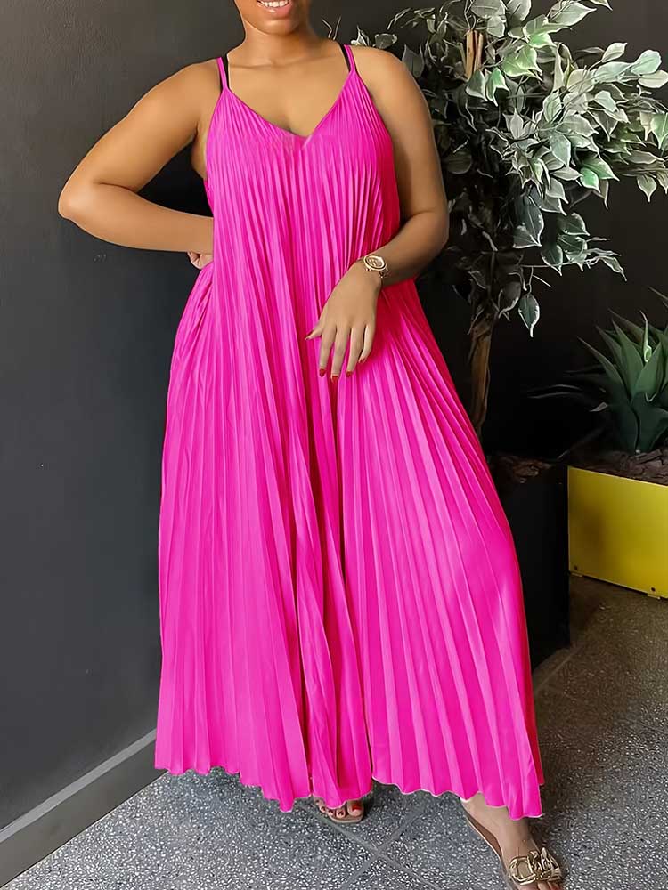Shift Dress Sleeveless - เดรสสายเดี่ยวผู้หญิงสำหรับฤดูร้อน คอวี ดีไซน์หรูหราเก๋ไก๋ จับจีบชายกระโปรง ทรงหลวม ยาว