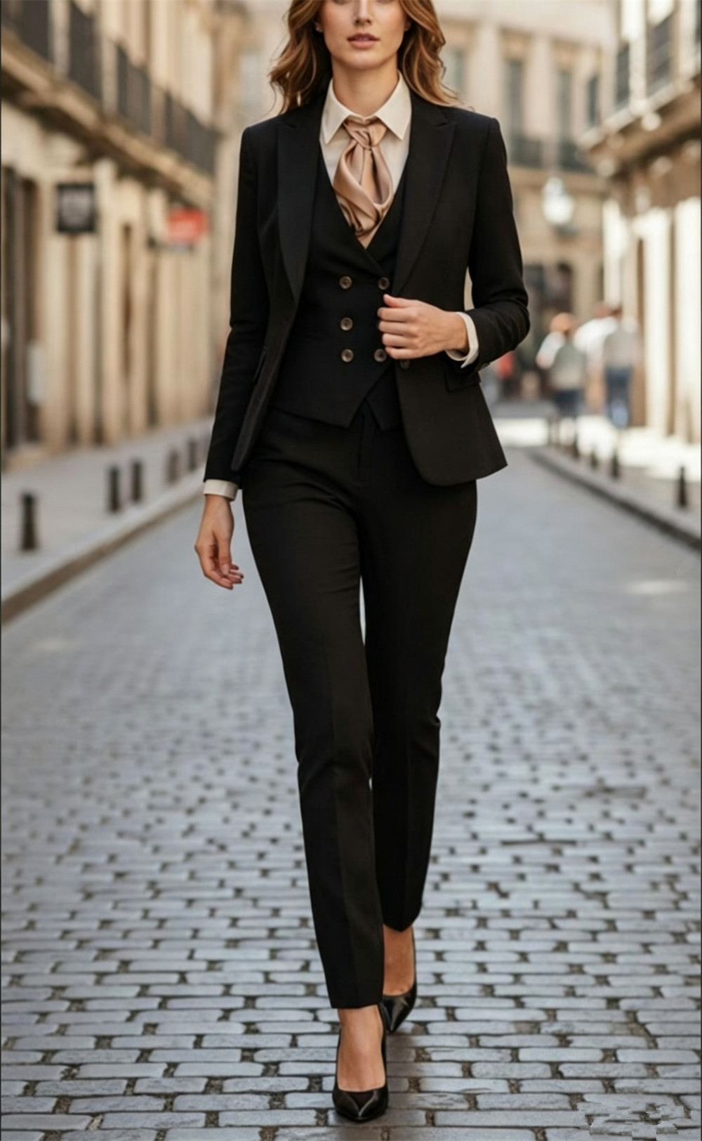 Women Formal Wear Tailor - ชุดสูทสีดำสำหรับผู้หญิง 3 ชิ้น ชุดเสื้อเบลเซอร์ เสื้อกั๊ก และกางเกงขายาว