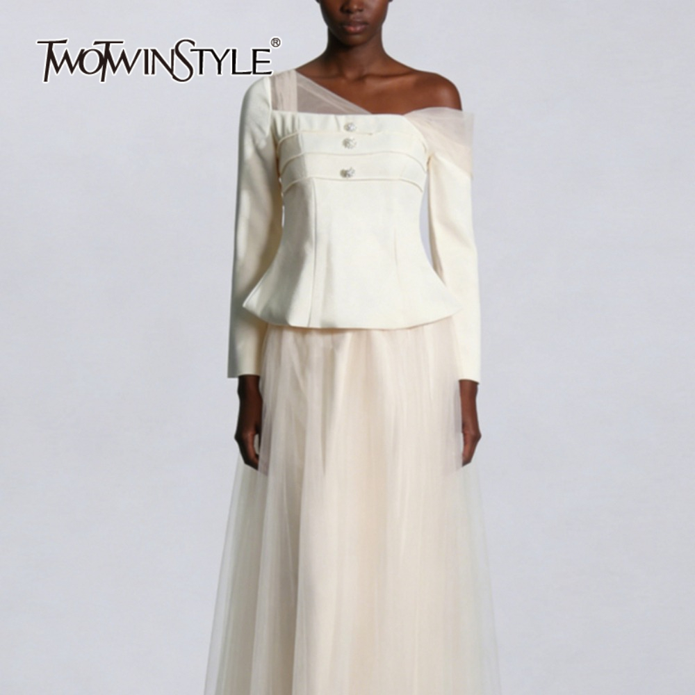 Pencil Skirt Midi - TWOTWINSTYLE Solid 2 ชิ้นชุดผู้หญิงเส้นทแยงมุมคอยาวแขนยาวเอวสูงจีบกระโปรง Elegant ชุดหญิง