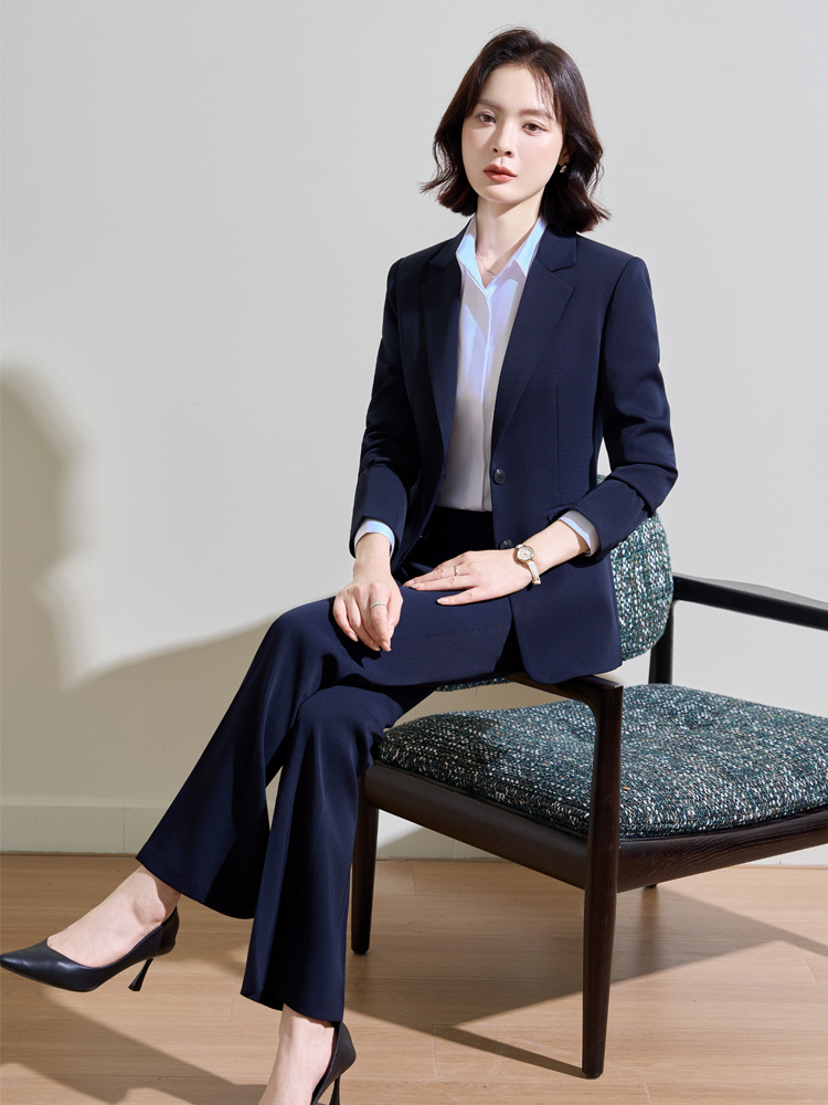 Women Formal Wear Interview - ชุดสูทสีน้ำเงินกรมท่าสำหรับผู้หญิง ใส่ได้ในฤดูใบไม้ผลิและฤดูใบไม้ร่วง เหมาะสำหรับการสัมภาษณ์และการทำงาน ดูสง่างามและเหมาะสำหรับการเดินทาง กระดุมเดียว