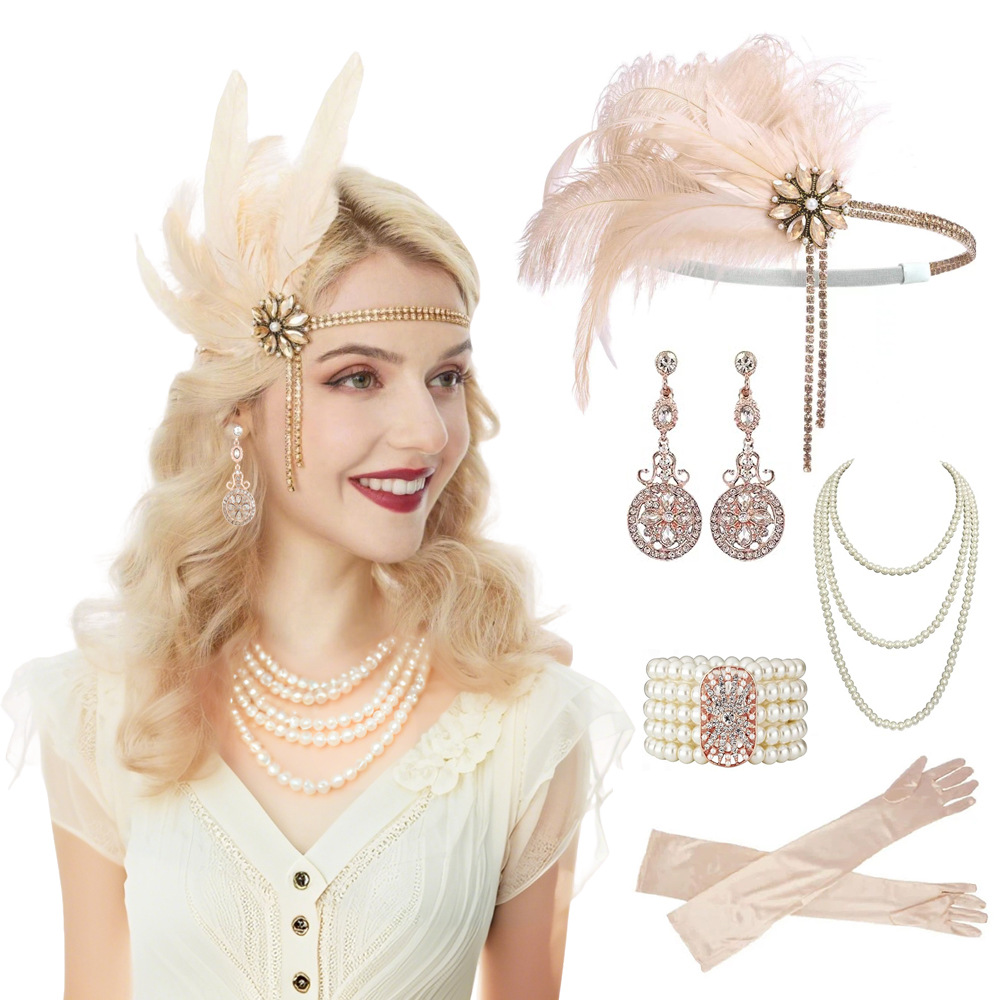 Pearl Necklace Set - ชุดเครื่องประดับวินเทจยุค 1920 สำหรับผู้หญิง ประกอบด้วยที่คาดผมประดับมุกและเพชรเทียม ต่างหู สร้อยคอ