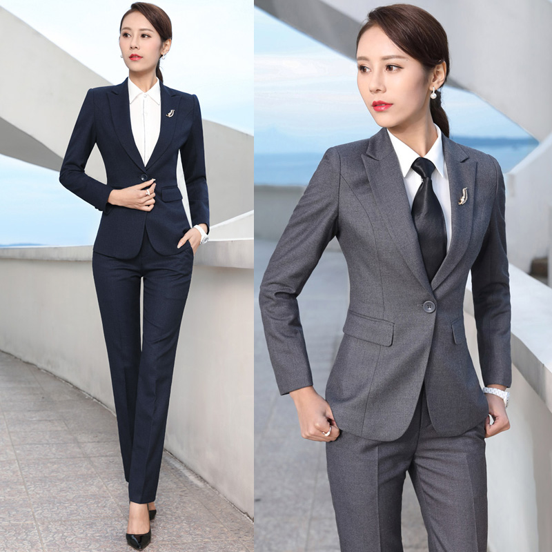 Women Formal Wear Korean - ฤดูใบไม้ผลิและฤดูใบไม้ร่วงรุ่นเกาหลีธุรกิจสวมใส่บางสูทแขนยาวชุดสูทสีทึบสำนักงานชุดสัมภาษณ์ชุด