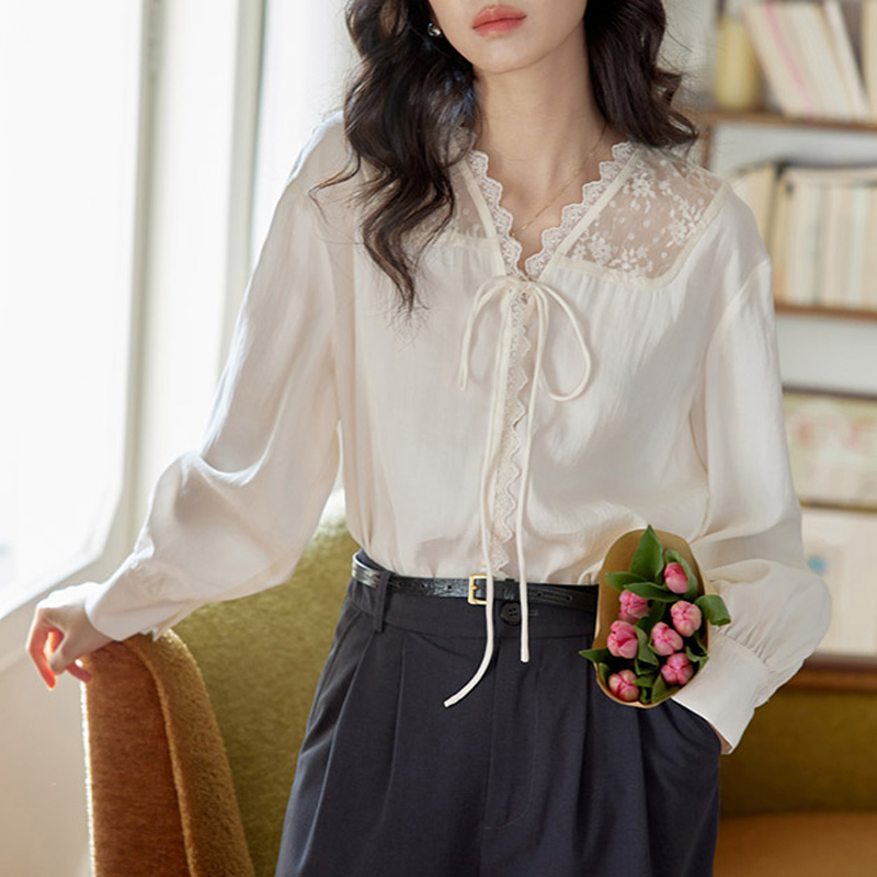 Women Formal Wear Korean - เสื้อแขนยาวผู้หญิงซาตินคอปกทรงหลวมแขนจีบเรียบง่ายหญิงสาวท่องเที่ยวฤดูใบไม้ผลิสวมใส่ทุกวัน