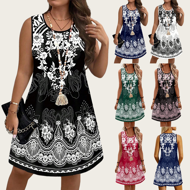 Shift Dress Sleeveless - ชุดเดรสสไตล์วินเทจลายชนเผ่า ประจำฤดูร้อน 2026 ชุดเดรสผู้หญิงไซส์ใหญ่ ชุดเดรสลำลอง ชุดเดรสชายหาดลายดอกไม้