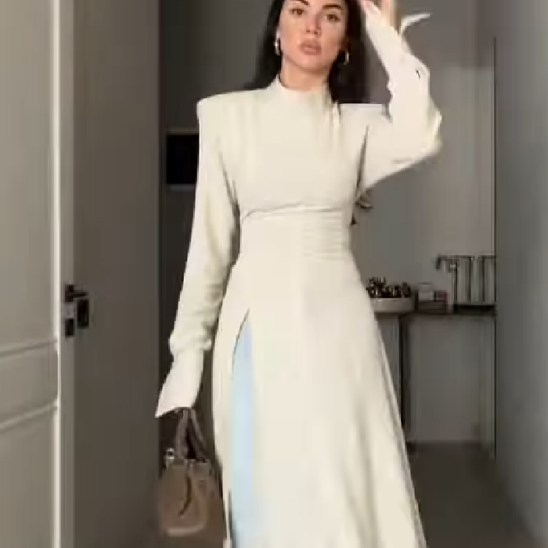 Women Formal Wear Dress - เดรสยาวคอสูงแขนยาวสำหรับผู้หญิง ดีไซน์หรูหรา ช่วยกระชับสัดส่วน พร้อมชายกระโปรงผ่า เหมาะสำหรับออกเดท งานเลี้ยงกลางคืน