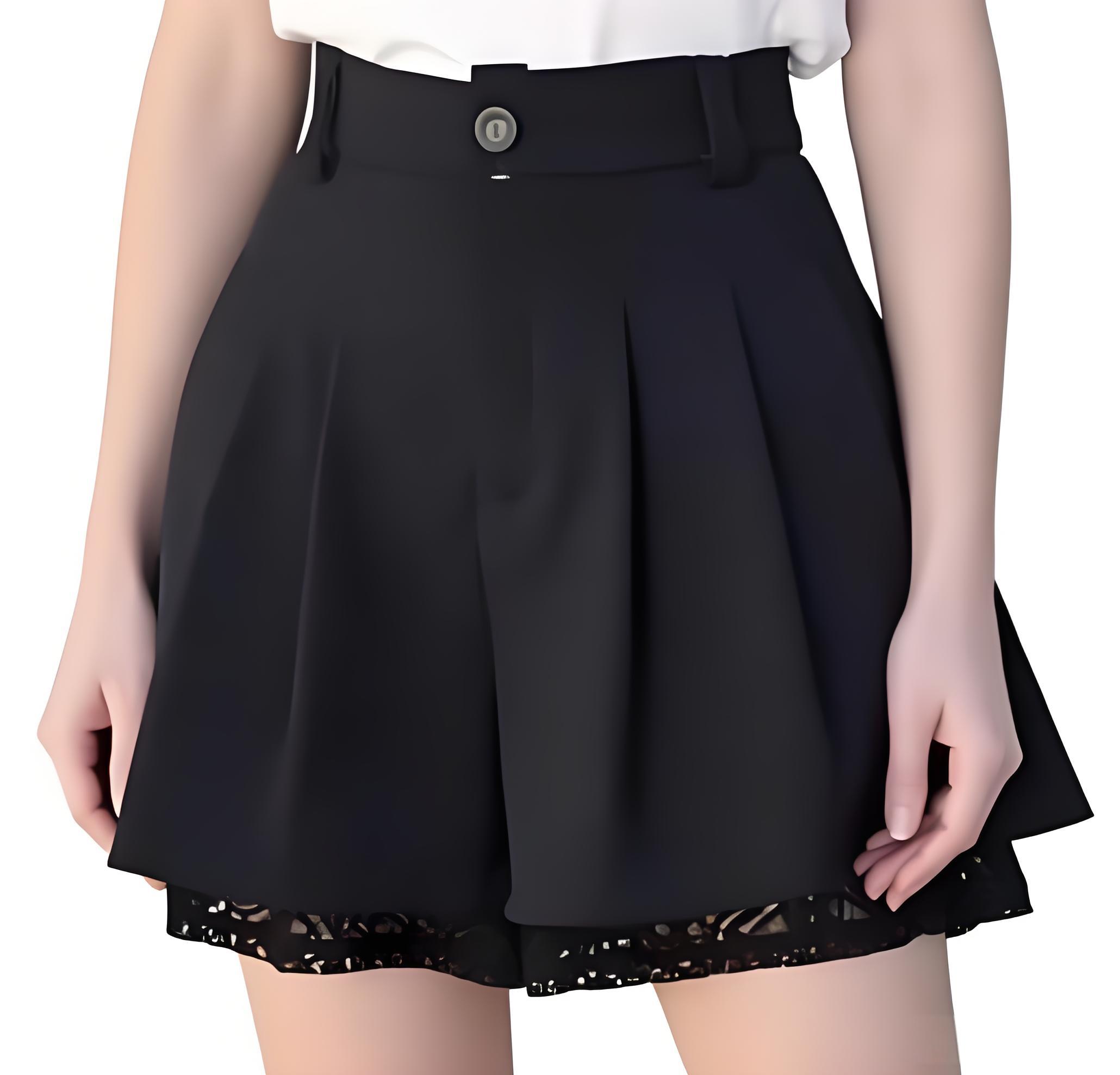 Women Formal Wear Tailor - กางเกงขาสั้นทรงคูลอตเอวสูงสำหรับผู้หญิง สไตล์ลำลอง แต่งระบายจีบ ขากว้าง แต่งขอบลูกไม้ลายดอกไม้ เหมาะสำหรับใส่ทำงานประจำวัน