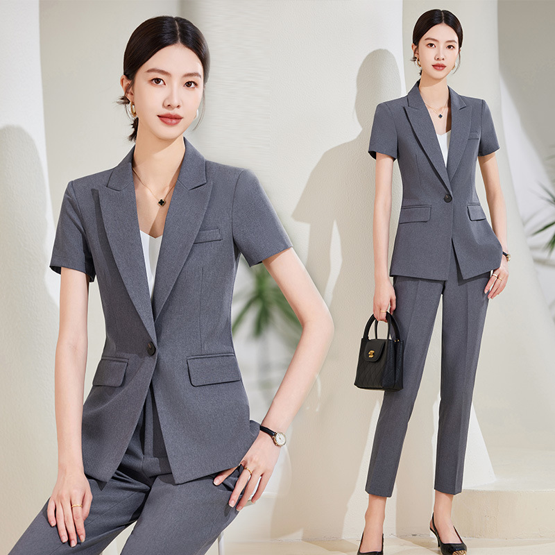 Women'S Formal Wear Stores - ชุดสูทแขนสั้นสีน้ำเงินกรมท่าสำหรับผู้หญิง เสื้อเบลเซอร์บางสำหรับฤดูร้อน ชุดทำงานสำหรับฤดูร้อน งานโรงแรมและร้านขายเครื่องประดับ