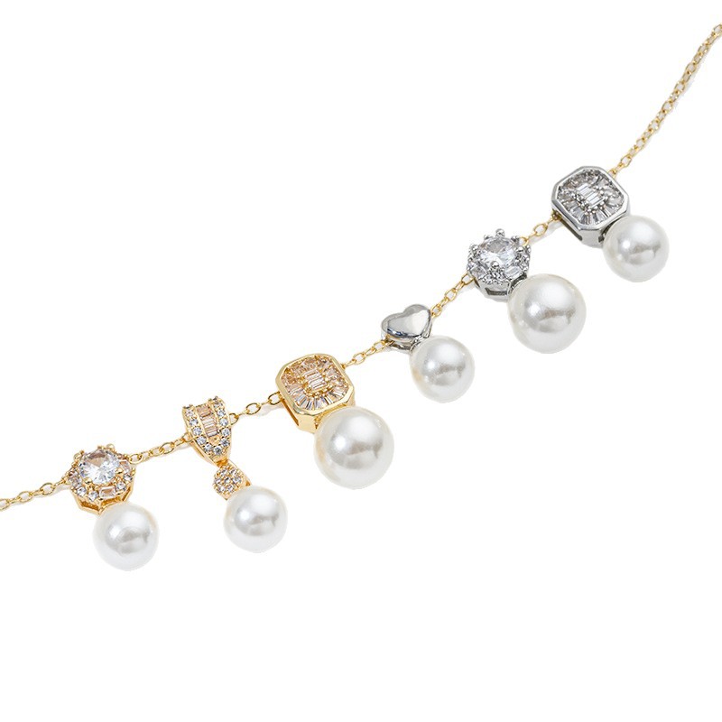 Pearl Necklace Set - จี้ทอง 14K ประดับเพชรซิคอน รูปทรงเรขาคณิต รูปนก รูปโคลเวอร์