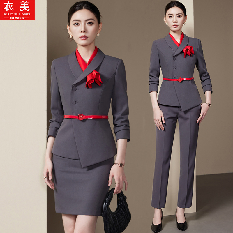 Women'S Formal Wear Stores - ชุดสูทผู้หญิงสีเทา รุ่นใหม่ปี 2025 แฟชั่นแขนยาว ชุดทำงานสำหรับพนักงานร้านขายเครื่องประดับ พนักงานต้อนรับ