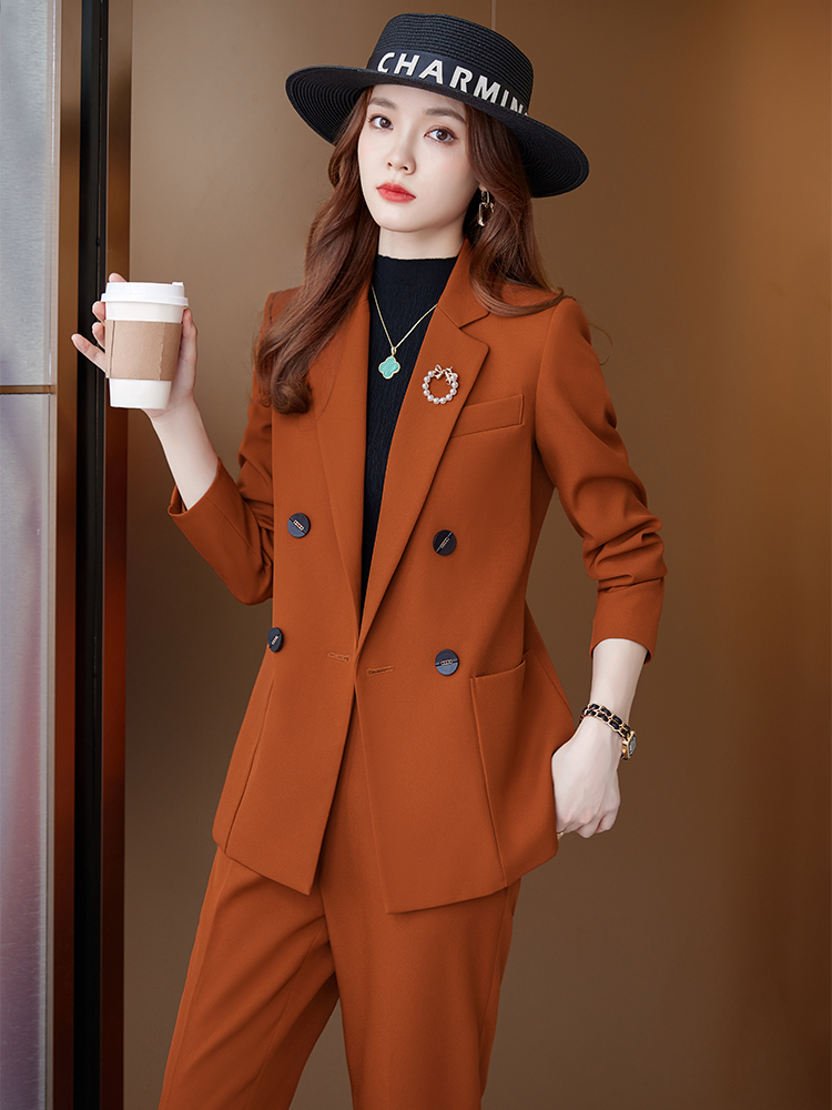 Women Formal Wear Tailor - ชุดสูทธุรกิจ 2 ชิ้นสำหรับผู้หญิง, เสื้อเบลเซอร์กระดุมสองแถวพร้อมกระเป๋าและกางเกงขายาวเอวสูง, ชุดทำงานสำนักงานแบบเป็นทางการ