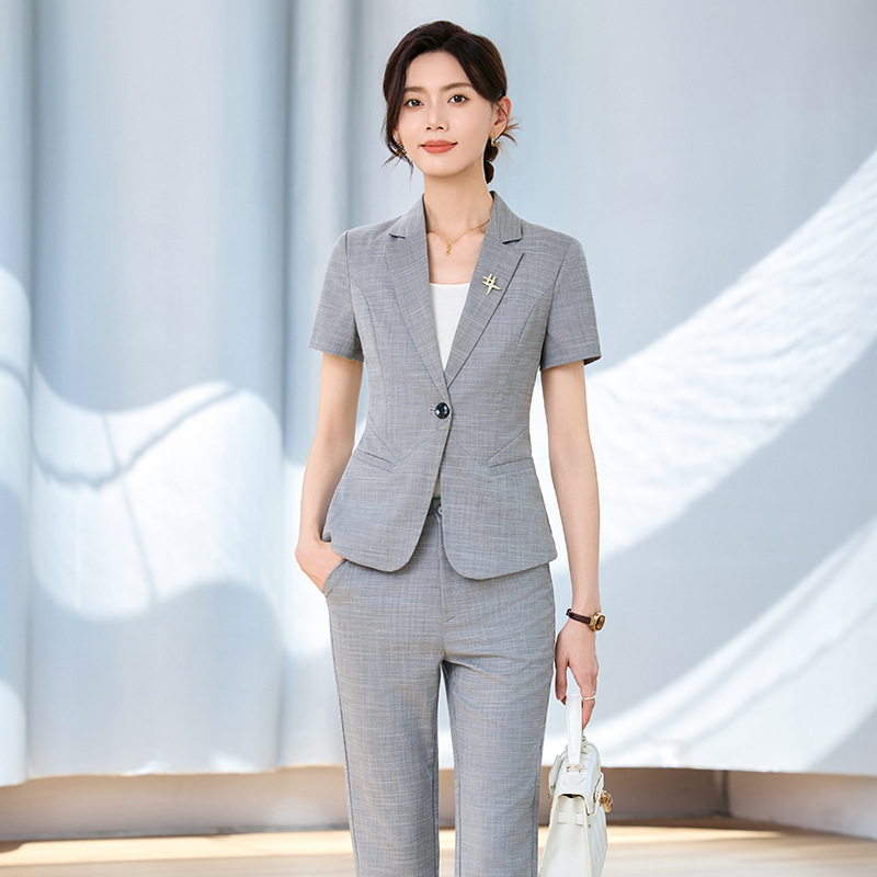 Women Formal Wear Interview - ชุดสูทแขนสั้นสำหรับผู้หญิงสำหรับฤดูใบไม้ผลิและฤดูร้อน ชุดทำงานสำหรับการสัมภาษณ์ ชุดทำงานแบบเป็นทางการ ชุดทำงานสีเทา