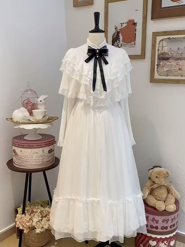 Women Formal Wear Dress - ชุดเดรสลูกไม้แขนสั้นสไตล์ญี่ปุ่น สีขาว กระโปรงยาวทรงเข้ารูป สไตล์หวานๆ ประจำปี 2025