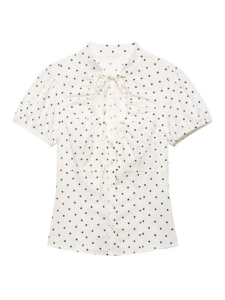 Women'S Formal Evening Wear Tops - เสื้อเชิ้ตวินเทจสไตล์เรโทรสีขาวสำหรับผู้หญิง ลายจุด แขนพอง สไตล์คลาสสิก ใส่ได้ทุกวัน สวยสง่า