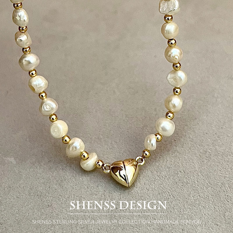 Pearl Necklace Set - สร้อยคอไข่มุกน้ำจืดธรรมชาติขนาด5-6มม. เครื่องประดับหัวเข็มขัดแม่เหล็กสีทอง14K ชุบทองแดง