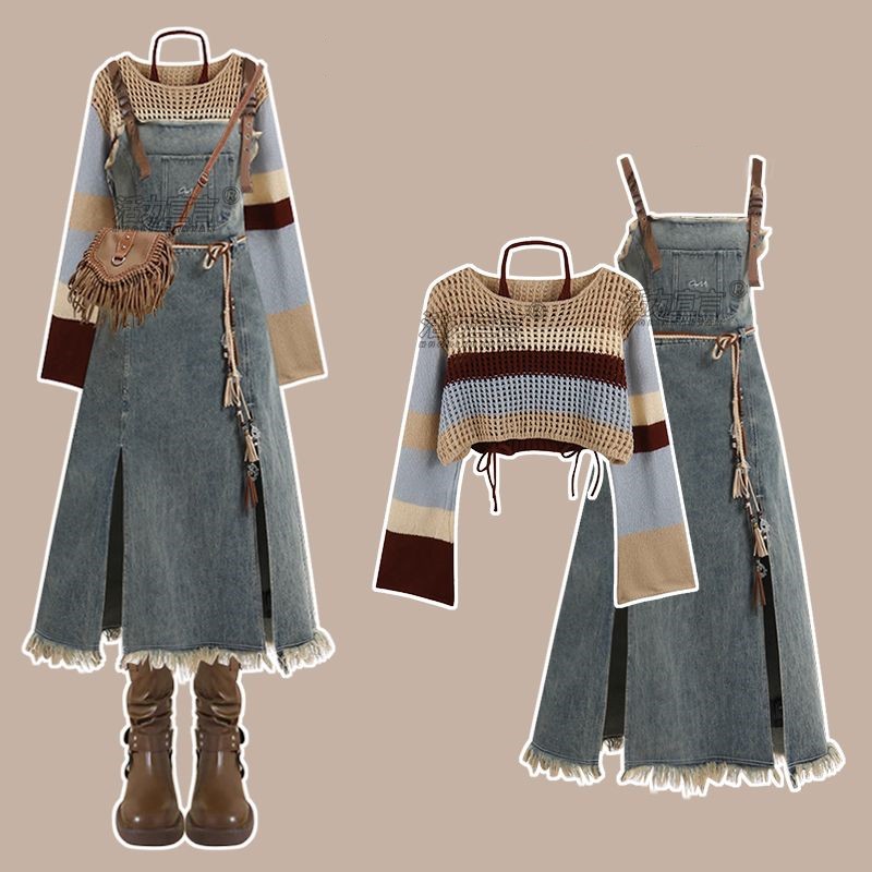 Vintage Women'S Formal Wear - ชุดเซ็ตกระโปรงยีนส์วินเทจใหม่ประจำฤดูใบไม้ผลิปี 2026 เสื้อถักทรงหลวมแบบโปร่งสำหรับผู้หญิง + ชุดเดรสผ่าข้างเซ็กซี่แบบสองชิ้น