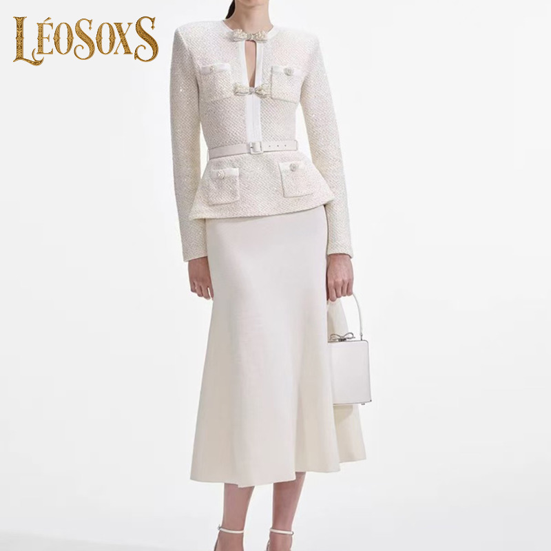 Pencil Skirt Midi - ชุดเซ็ตผู้หญิง LEOSOXS: เสื้อแจ็คเก็ตทวีดแขนยาว + กระโปรงยาวปานกลาง แต่งโบว์