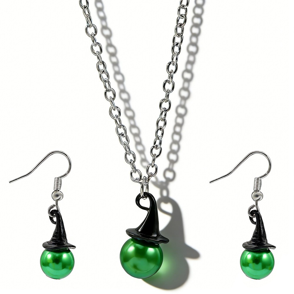 Pearl Necklace Set - หมวกแม่มดและมงกุฎสไตล์ Wicked พร้อมสร้อยคอไข่มุก ต่างหู ชุดเครื่องประดับ คอสเพลย์ดนตรี