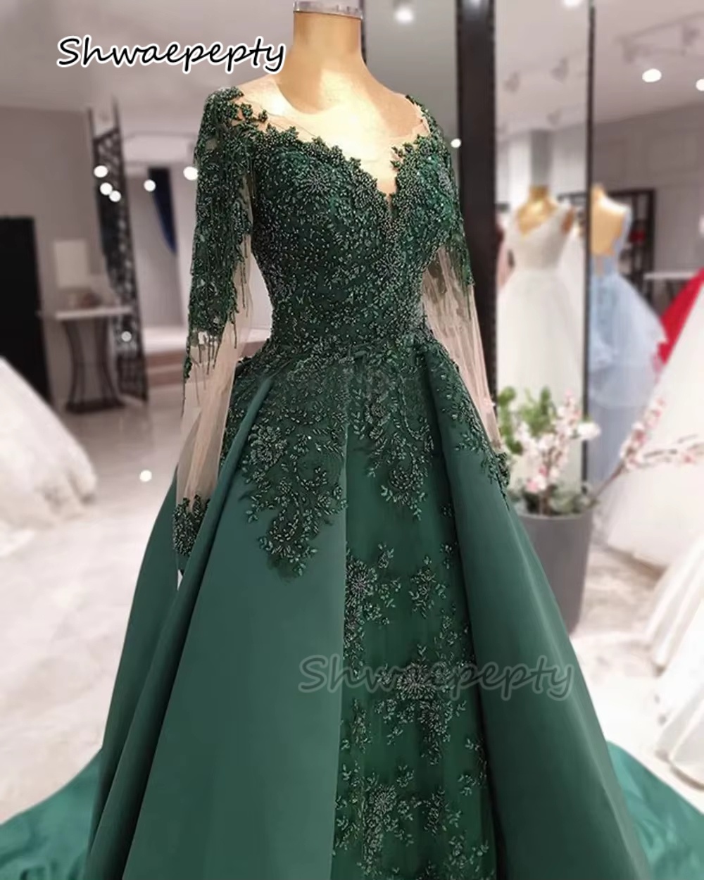 Women Formal Wear Dubai - Elegant Hunter สีเขียวชุดราตรีอาหรับดูไบผู้หญิงอย่างเป็นทางการชุดแขนยาวลูกปัดลูกไม้หรูหราพรหมสวมใส่ที่กําหนดเอง