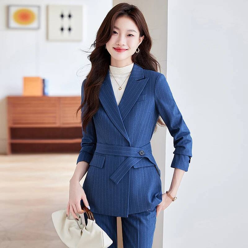 Women Formal Wear Interview - ชุดสูทผ้าคุณภาพสูง ลายทางหรูหรา สำหรับฤดูใบไม้ร่วงและฤดูหนาว เหมาะสำหรับงานสัมภาษณ์งาน ชุดกางเกงขายาวสำหรับผู้หญิง พร้อมเสื้อเบลเซอร์แบบมืออาชีพ