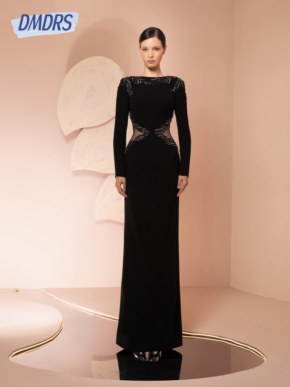 Women Formal Wear Dubai - สีดําตัดชุดราตรี Classy คอเรือตรงแม่แขนยาวชุดราตรีแฟชั่นผู้หญิงดูไบสวมใส่ที่กําหนดเอง