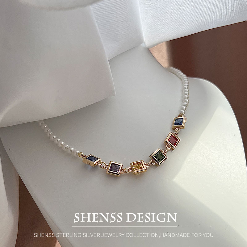 Pearl Necklace Set - สร้อยคอเพทายสี่เหลี่ยมมุกเทียมทองแดงชุบทอง 14k เครื่องประดับ