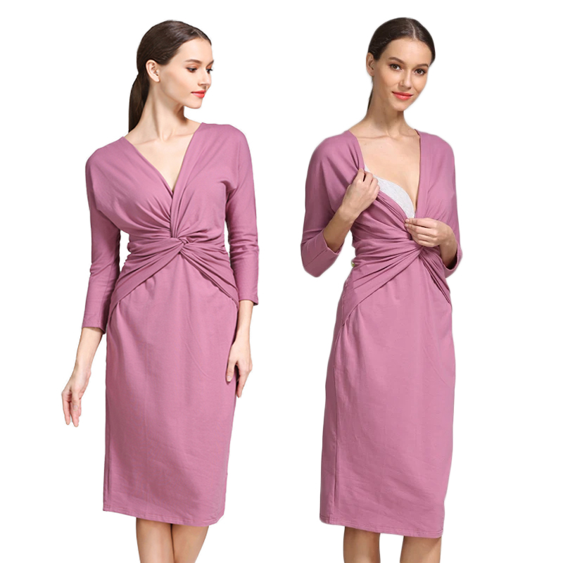 Wrap Dress Work - ชุดคลุมท้องแบบพันด้านหน้า คอวี แขนสามส่วน ผ้าเนื้อนุ่ม ยืดหยุ่นได้ เหมาะสำหรับให้นมบุตร