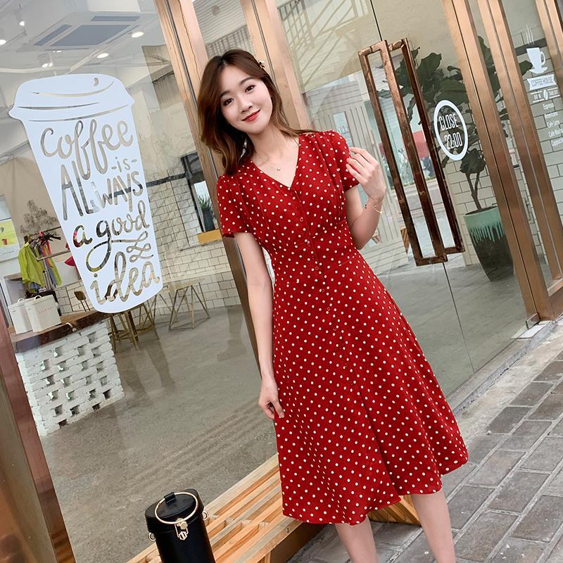Wrap Dress Work - ชุดเดรสผ้าชีฟองสำหรับผู้หญิงทรงหลวมชุดเดรสสั้นสไตล์เกาหลีสำหรับปาร์ตี้ฤดูร้อนเสื้อคลุมลายดอกไม้แฟชั่นวินเทจสีแดงลายจุดลำลอง