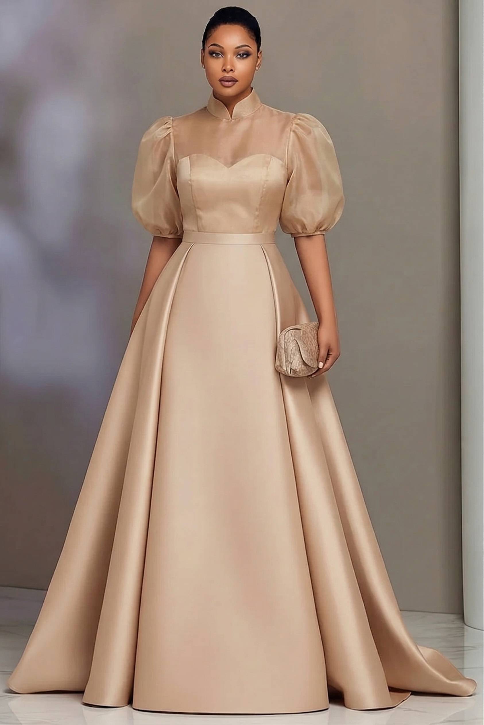 Women Formal Wear Dress - ชุดราตรีผ้าซาตินหรูหราสำหรับผู้หญิงไซส์ใหญ่ คอตั้ง ทรงเอไลน์ ยาวแบบแม็กซี่ เหมาะสำหรับงานพรอม งานแต่งงาน