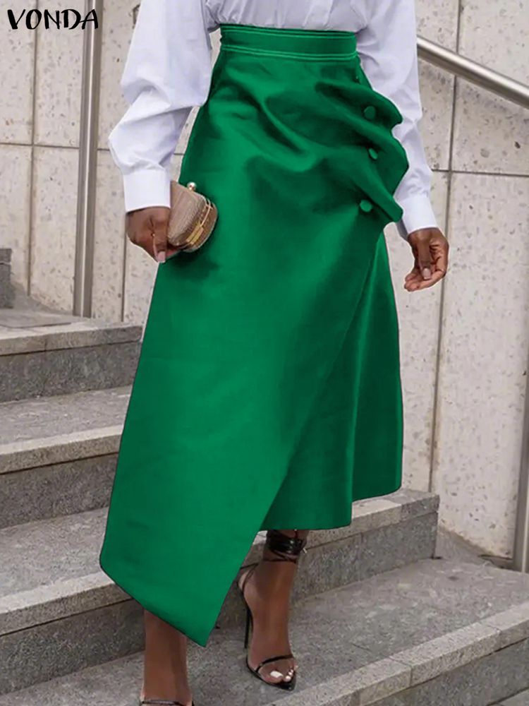 Pencil Skirt Midi - กระโปรงผ้าซาตินไซส์ใหญ่ VONDA ดีไซน์หรูหราสำหรับผู้หญิง เอวสูง ติดกระดุม จับจีบ