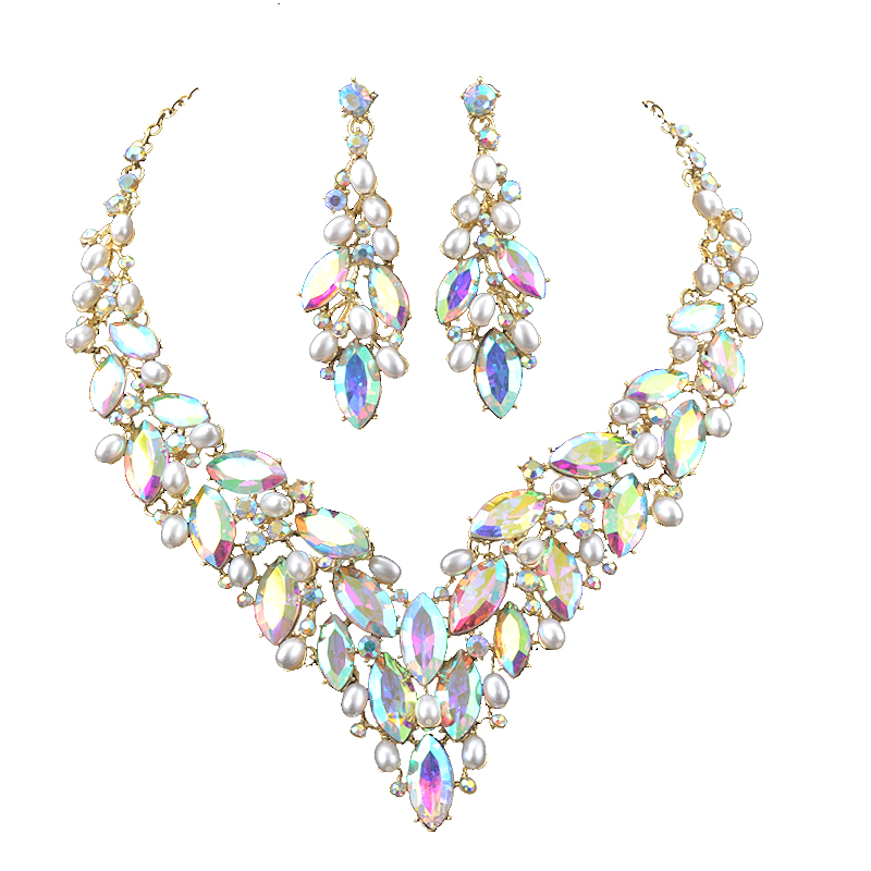 Pearl Necklace Set - ต่างหูสร้อยคอไข่มุกสีทองอ่อนสำหรับผู้หญิงสำหรับเจ้าสาวงานแต่งงานงานเลี้ยงเครื่องประดับของขวัญแก้วทรงสูง