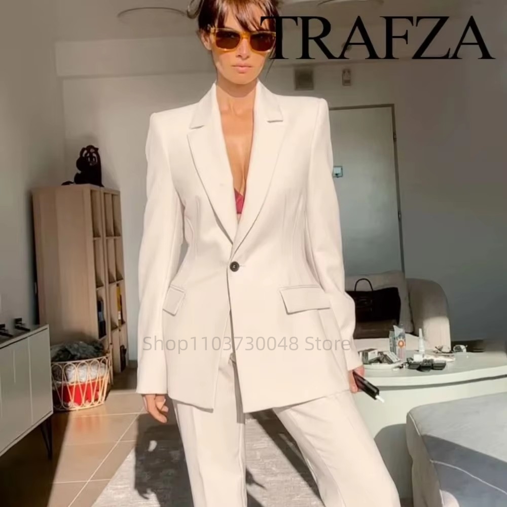 Female Formal Wear - แฟชั่นชุดสูทสตรีสำหรับออฟฟิศ เสื้อเบลเซอร์และกางเกงขายาว สีขาว/แดง ชุดทำงานสำหรับผู้หญิง ชุดทำงาน 2