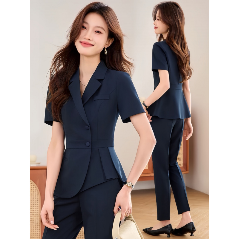 Women'S Formal Wear Stores - ชุดสูทผู้หญิงสีน้ำเงินกรมท่าแบบบางสำหรับมืออาชีพ รุ่นใหม่ประจำปี 2025 ชุดทำงานฤดูร้อนสำหรับผู้จัดการโรงแรมและพนักงานร้านขายเครื่องประดับ