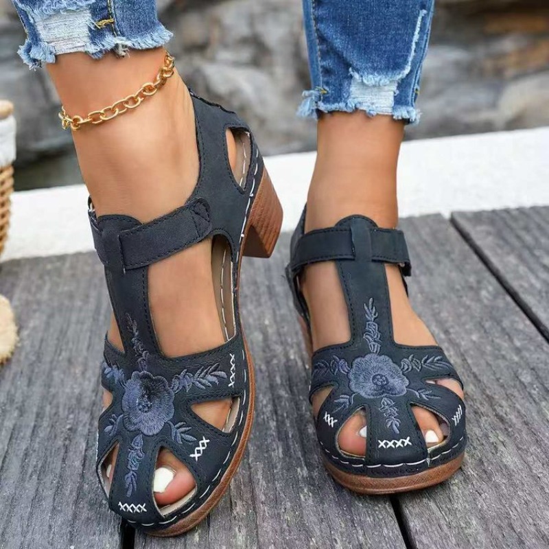 รองเท้าแตะสตรี ส้นกลาง ปักลายด - Formal Women Daily Wear Footwear บทวิจารณ์และราคา