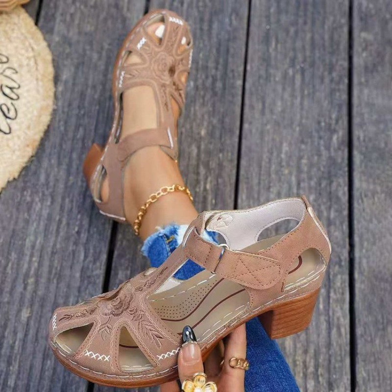 รองเท้าแตะสตรี ส้นกลาง ปักลายด - Formal Women Daily Wear Footwear บทวิจารณ์และราคา