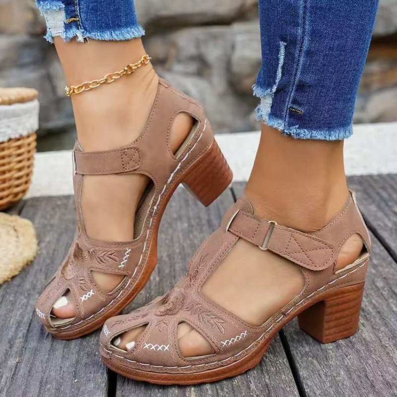 รองเท้าแตะสตรี ส้นกลาง ปักลายด - Formal Women Daily Wear Footwear บทวิจารณ์และราคา