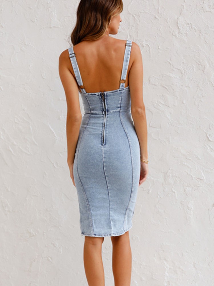 ฤดูร้อนใหม่ U คอ Halter DENIM  - Wrap Dress Work บทวิจารณ์และราคา