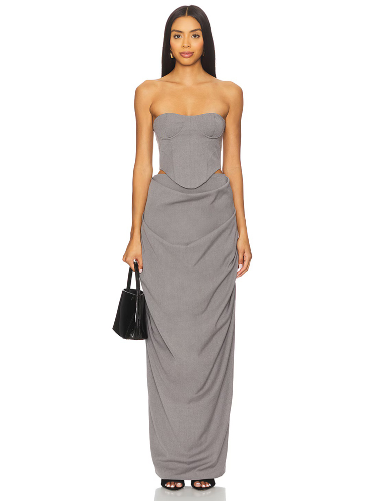 ชุดเดรสสีเทาแบบเปิดไหล่ คอร์เซ - Women Formal Wear Dress บทวิจารณ์และราคา